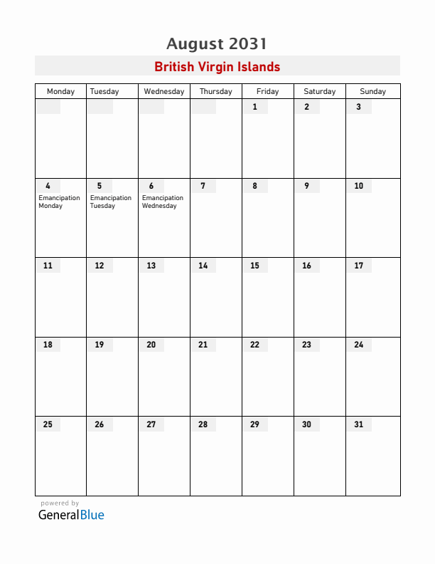 British Virgin Islands August 2031 Calendar with Holidays