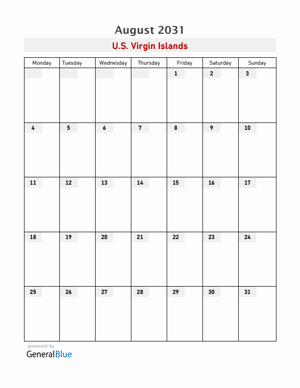 U.S. Virgin Islands August 2031 Calendar with Holidays