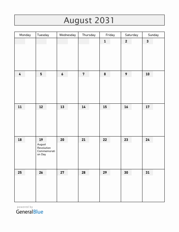 Vietnam August 2031 Calendar with Holidays