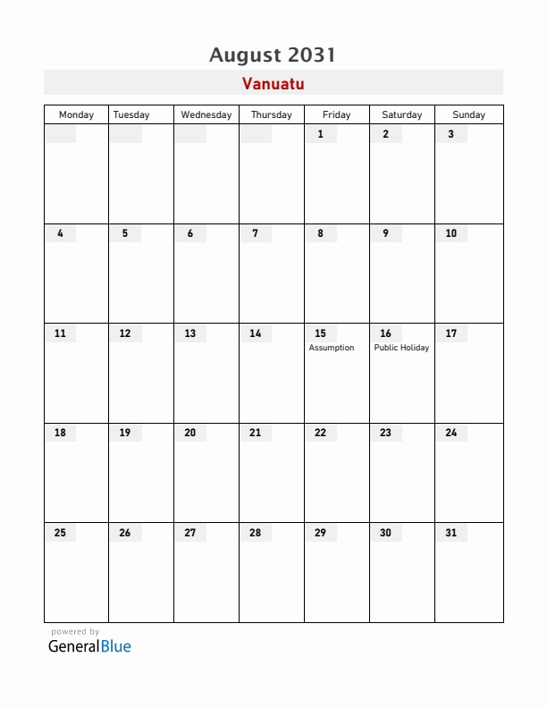 Vanuatu August 2031 Calendar with Holidays