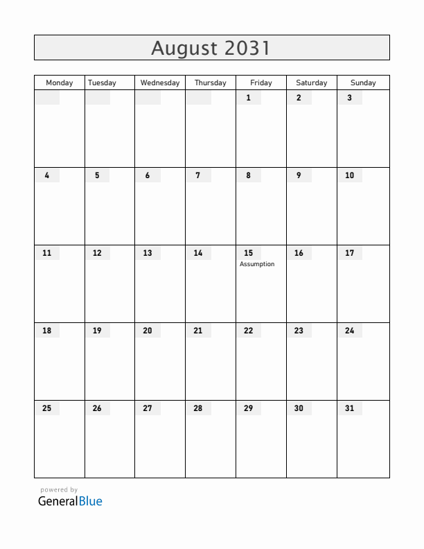 Mayotte August 2031 Calendar with Holidays