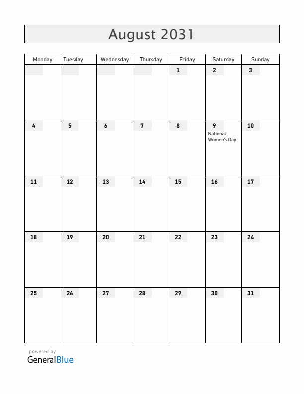 South Africa August 2031 Calendar with Holidays