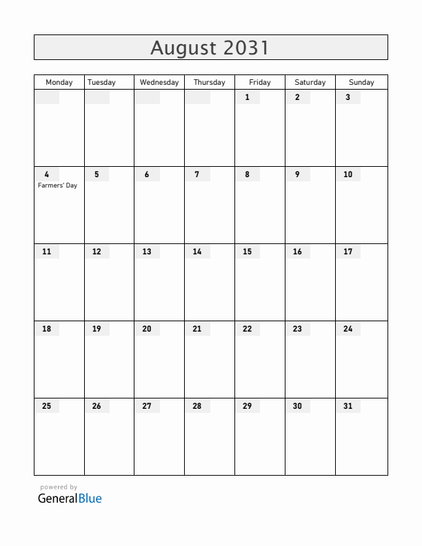 Zambia August 2031 Calendar with Holidays