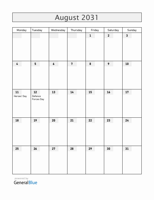 Zimbabwe August 2031 Calendar with Holidays