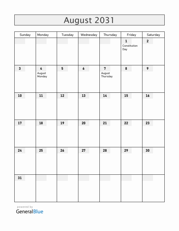 Anguilla August 2031 Calendar with Holidays