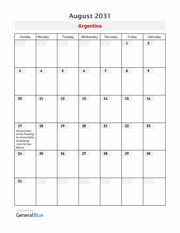 Argentina August 2031 Calendar with Holidays