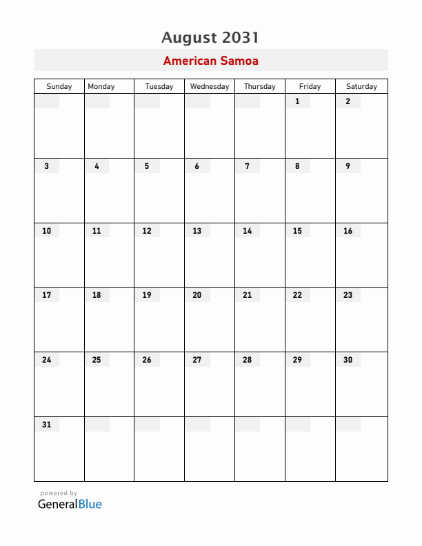 American Samoa August 2031 Calendar with Holidays