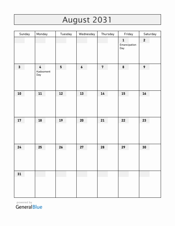 Barbados August 2031 Calendar with Holidays