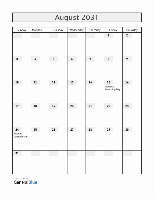 Bangladesh August 2031 Calendar with Holidays