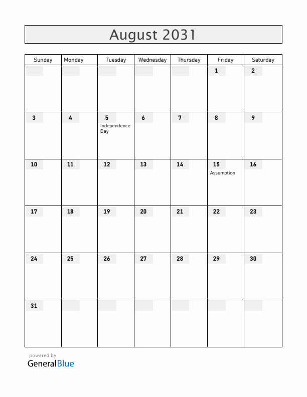 Burkina Faso August 2031 Calendar with Holidays