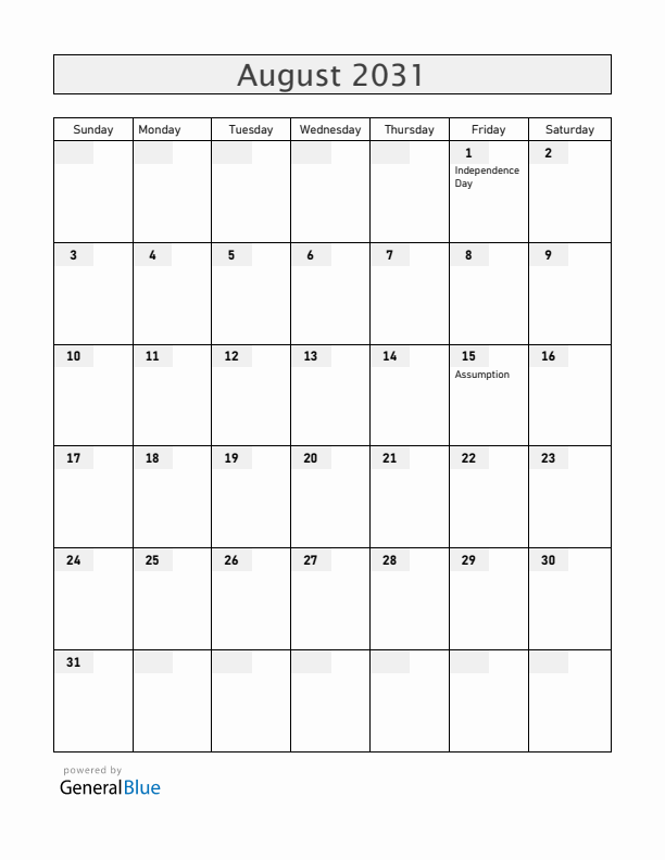 Benin August 2031 Calendar with Holidays