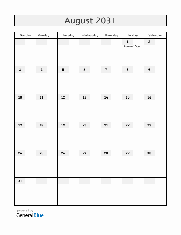 Bermuda August 2031 Calendar with Holidays