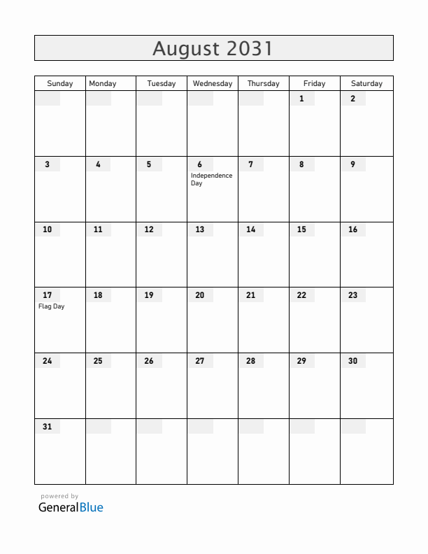Bolivia August 2031 Calendar with Holidays