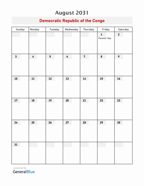 Democratic Republic of the Congo August 2031 Calendar with Holidays