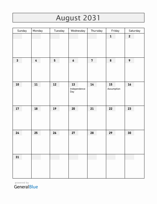 Central African Republic August 2031 Calendar with Holidays