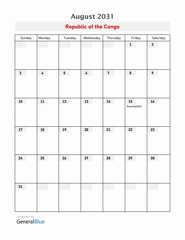 Republic of the Congo August 2031 Calendar with Holidays