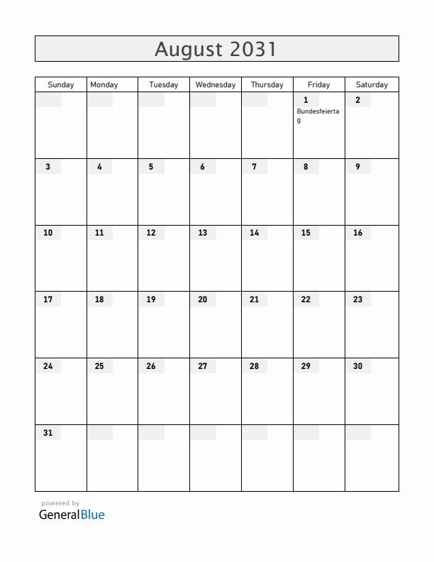 Switzerland August 2031 Calendar with Holidays