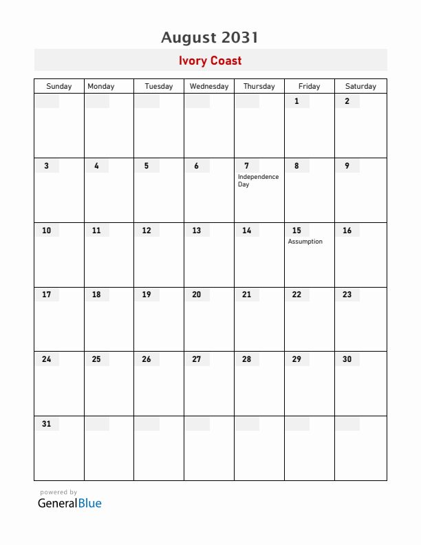 Ivory Coast August 2031 Calendar with Holidays