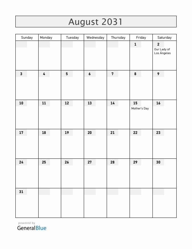 Costa Rica August 2031 Calendar with Holidays
