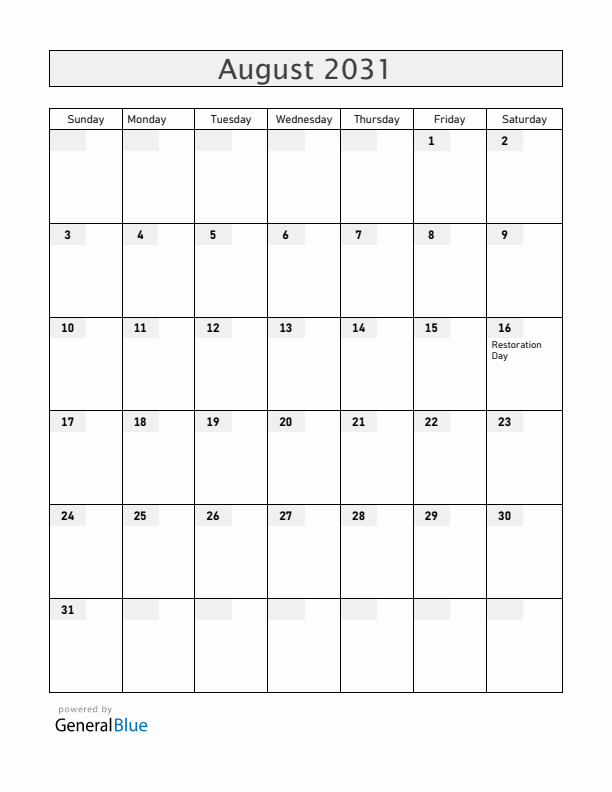 Dominican Republic August 2031 Calendar with Holidays
