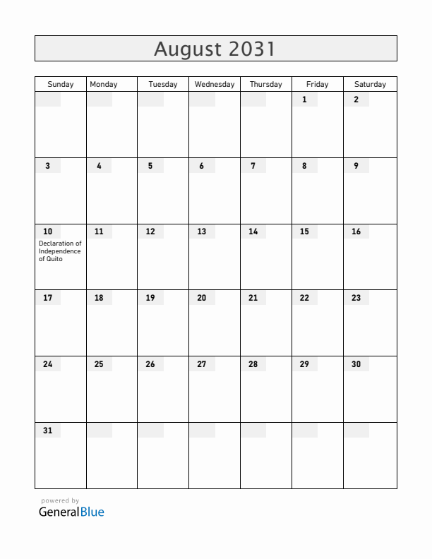 Ecuador August 2031 Calendar with Holidays