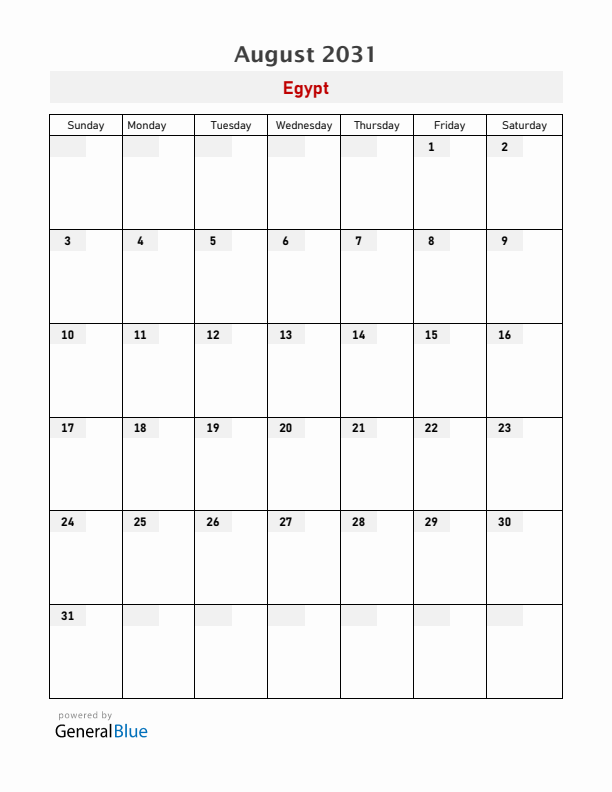 Egypt August 2031 Calendar with Holidays