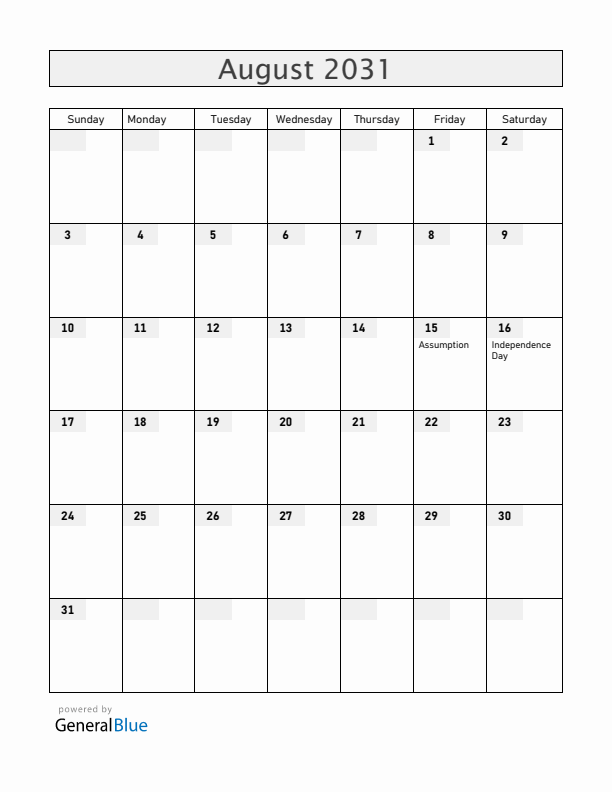 Gabon August 2031 Calendar with Holidays