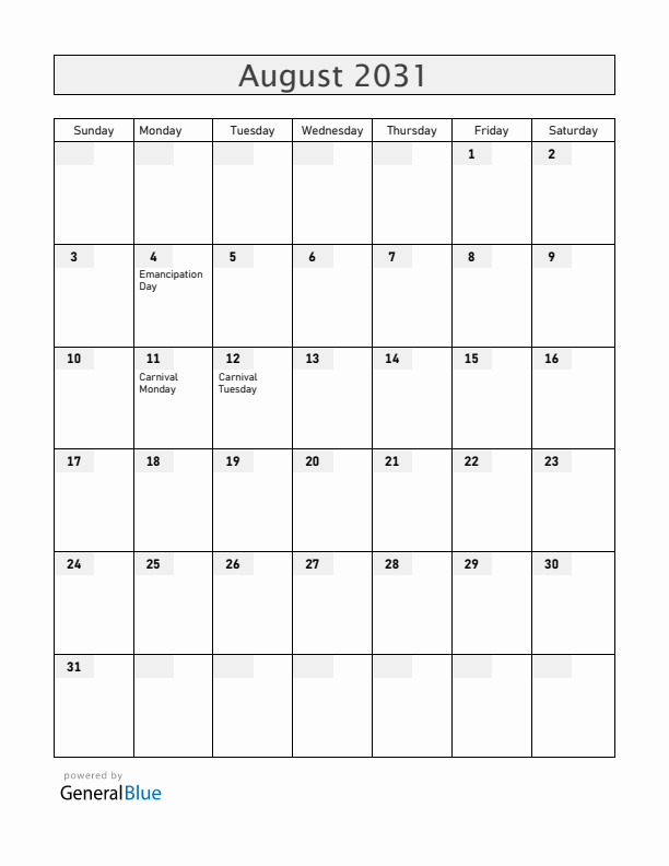 Grenada August 2031 Calendar with Holidays