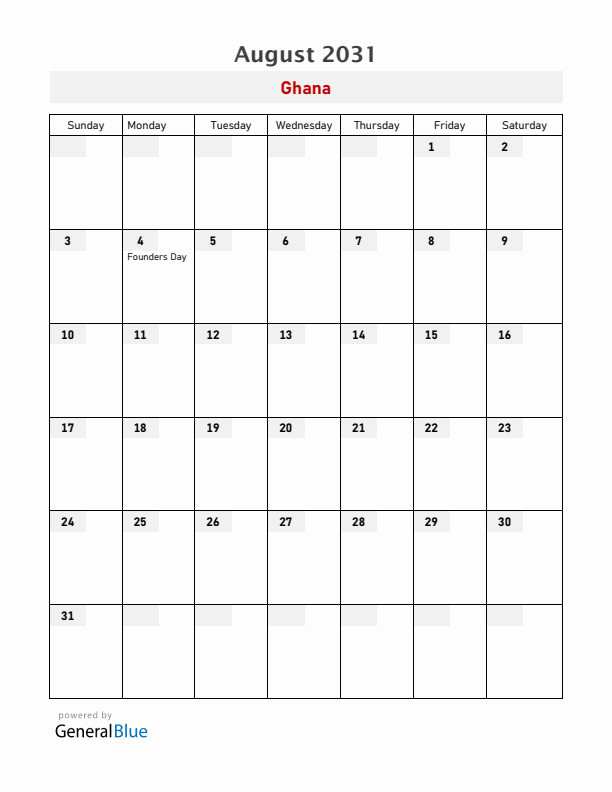 Ghana August 2031 Calendar with Holidays