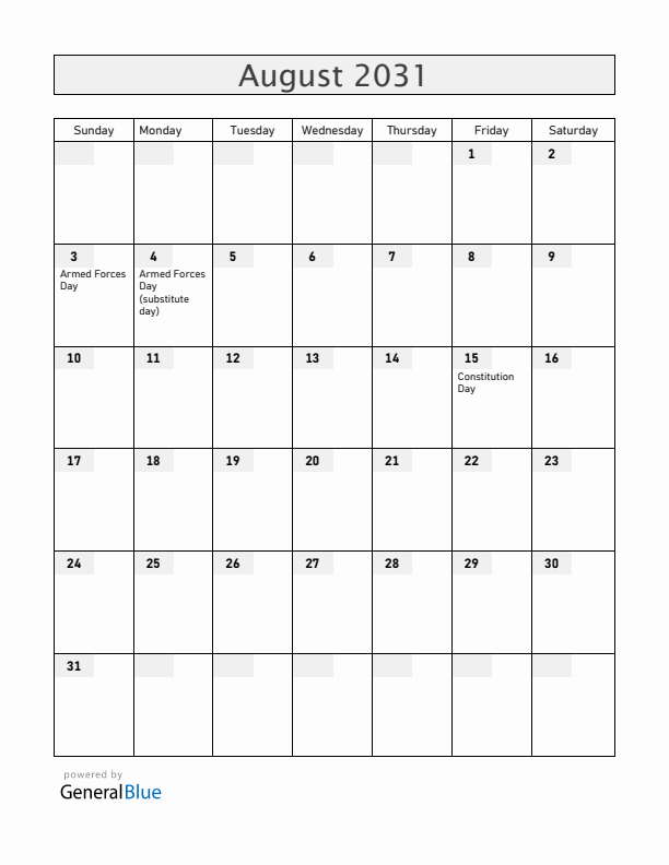 Equatorial Guinea August 2031 Calendar with Holidays