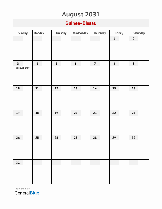 Guinea-Bissau August 2031 Calendar with Holidays
