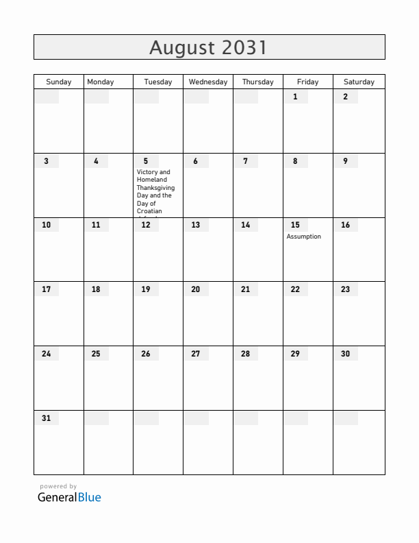 Croatia August 2031 Calendar with Holidays