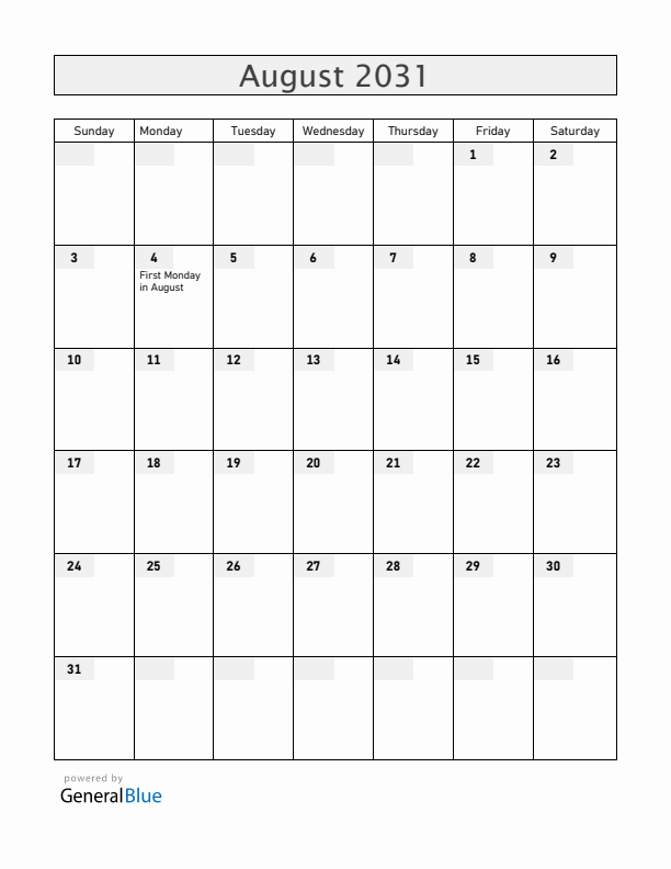 Ireland August 2031 Calendar with Holidays