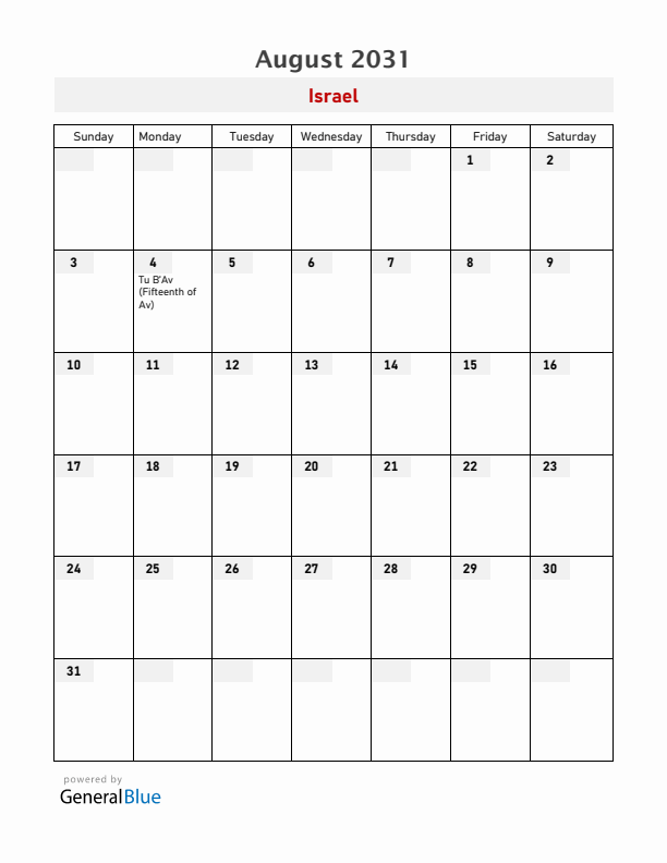 Israel August 2031 Calendar with Holidays