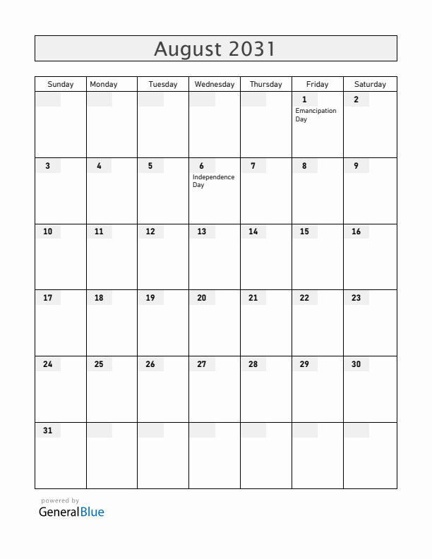 Jamaica August 2031 Calendar with Holidays