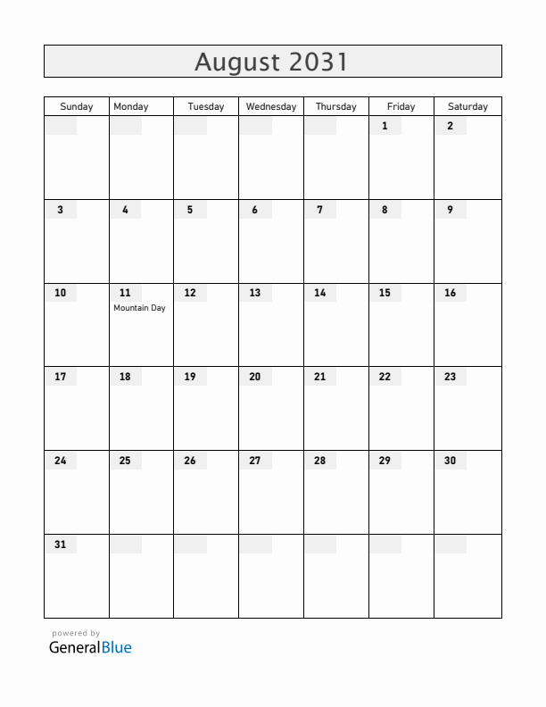 Japan August 2031 Calendar with Holidays