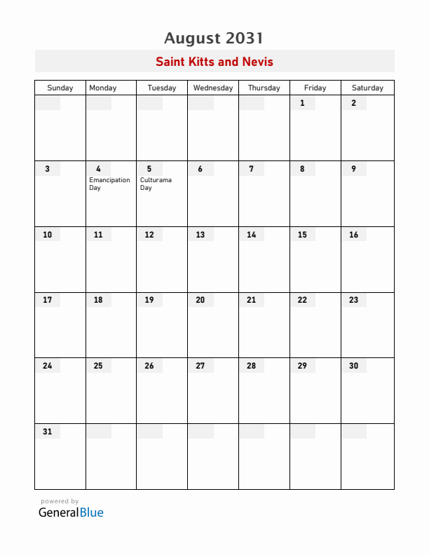 Saint Kitts and Nevis August 2031 Calendar with Holidays