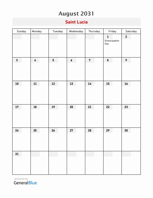 Saint Lucia August 2031 Calendar with Holidays
