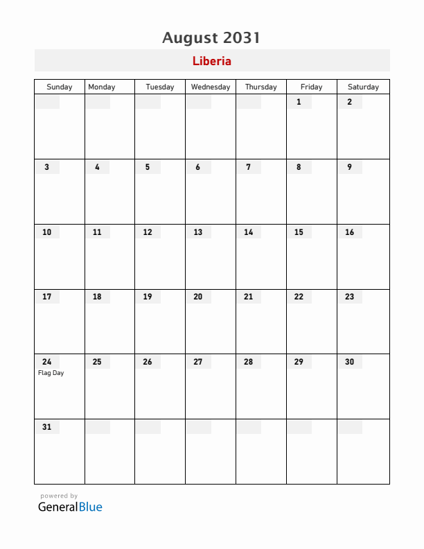 Liberia August 2031 Calendar with Holidays
