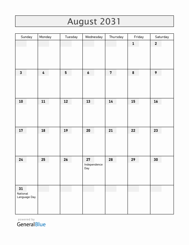 Moldova August 2031 Calendar with Holidays