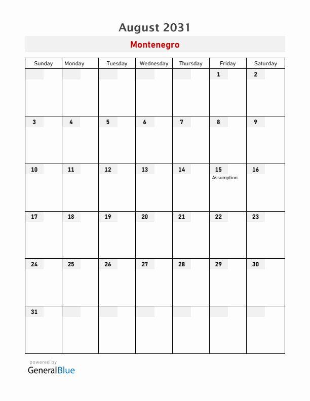 Montenegro August 2031 Calendar with Holidays