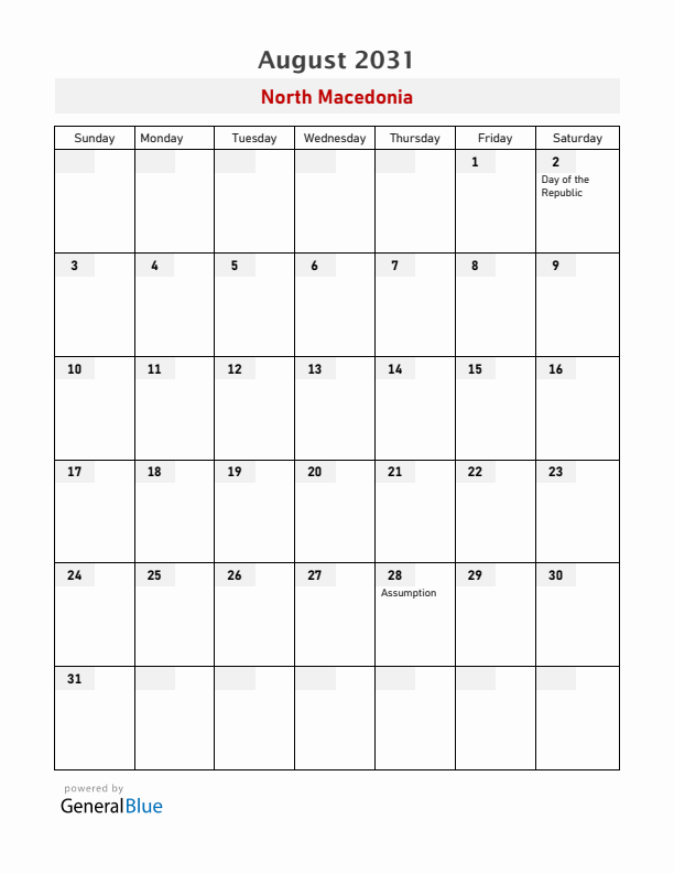 North Macedonia August 2031 Calendar with Holidays
