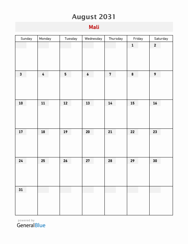 Mali August 2031 Calendar with Holidays