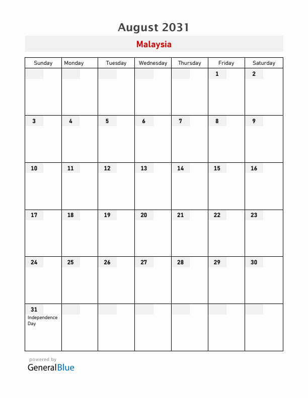 Malaysia August 2031 Calendar with Holidays