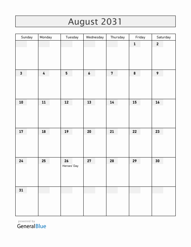 Namibia August 2031 Calendar with Holidays