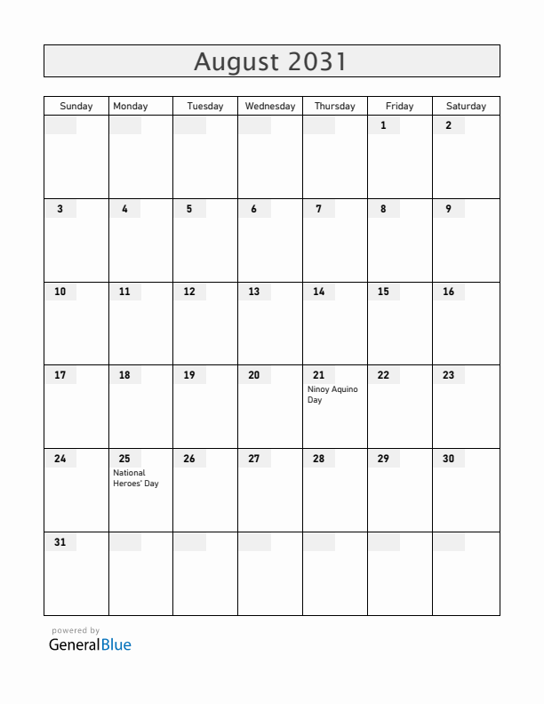 Philippines August 2031 Calendar with Holidays