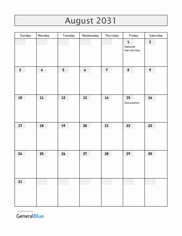 Rwanda August 2031 Calendar with Holidays