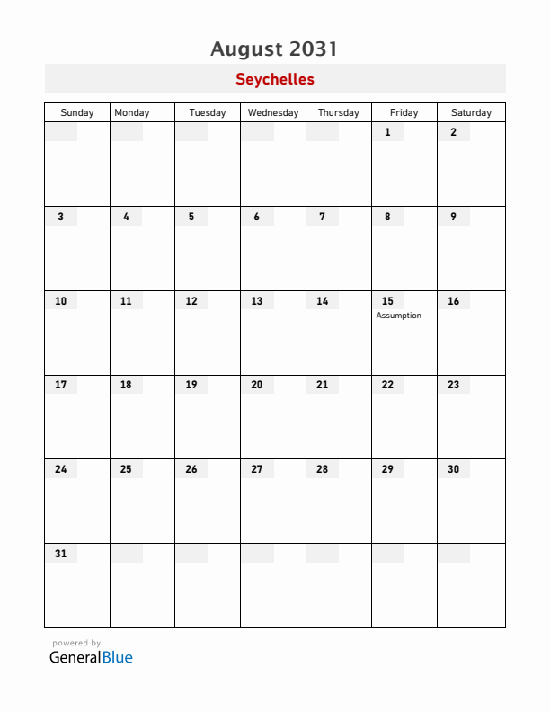 Seychelles August 2031 Calendar with Holidays