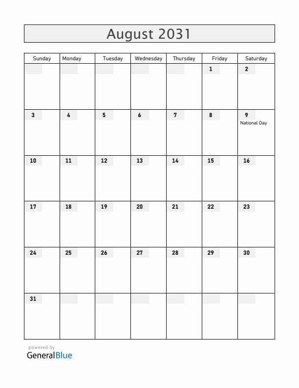 Singapore August 2031 Calendar with Holidays