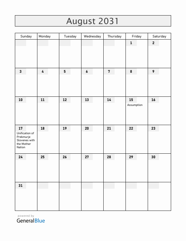 Slovenia August 2031 Calendar with Holidays